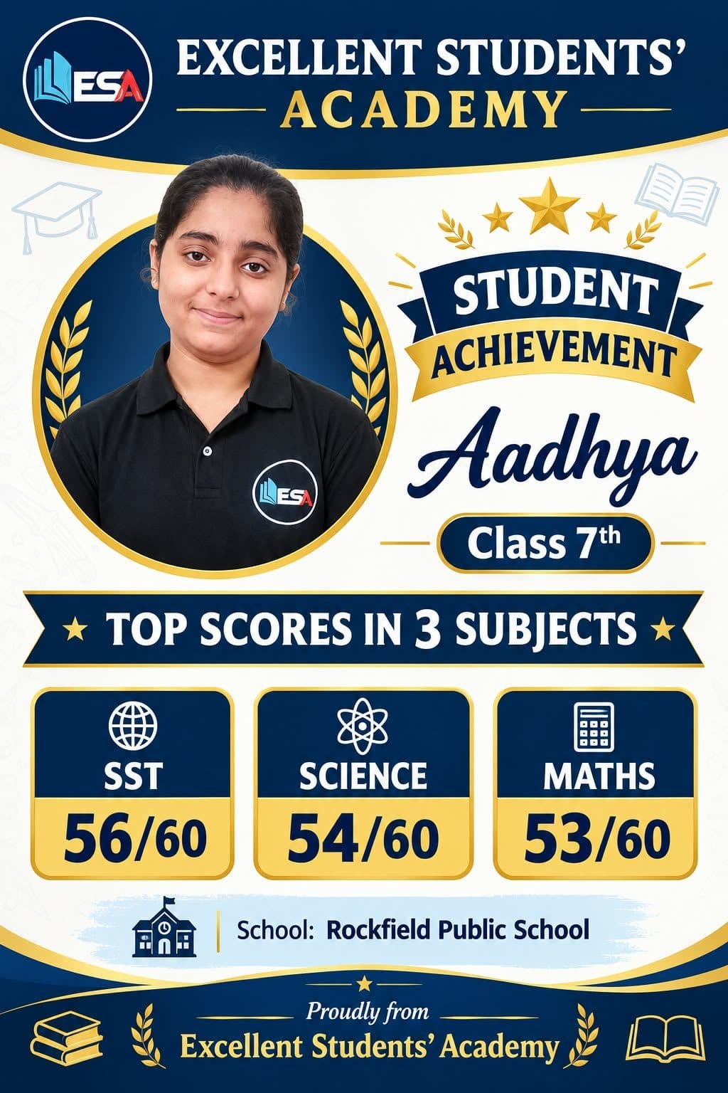 Aadhya, Class 7 student at Excellent Students' Academy, school exam result