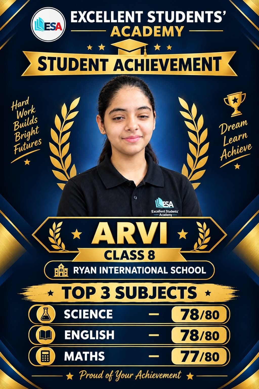 Arvi, Class 8 student at Excellent Students' Academy, school exam result