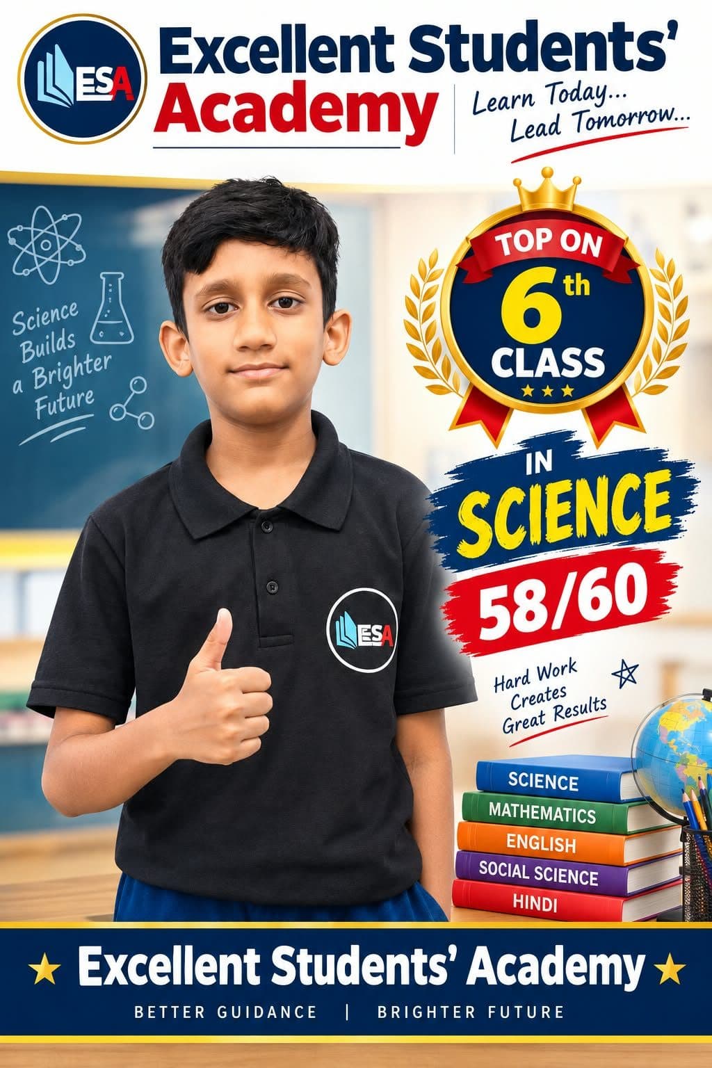 Class 6 Topper, Class 6 student at Excellent Students' Academy, school exam result