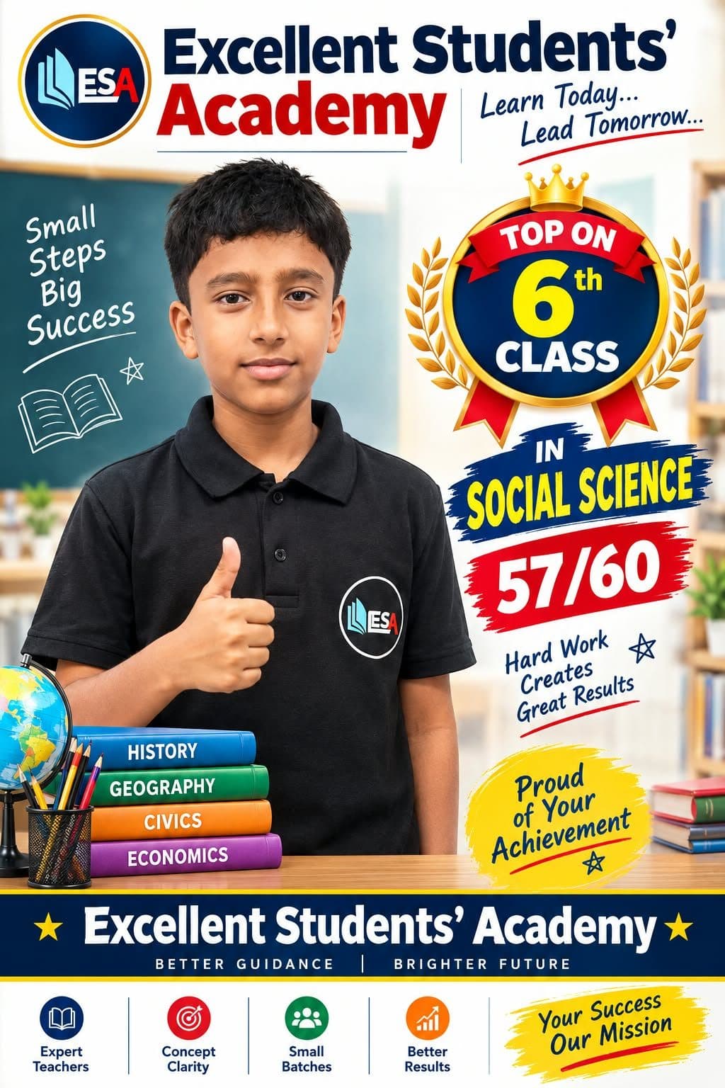 Class 6 Topper, Class 6 student at Excellent Students' Academy, school exam result