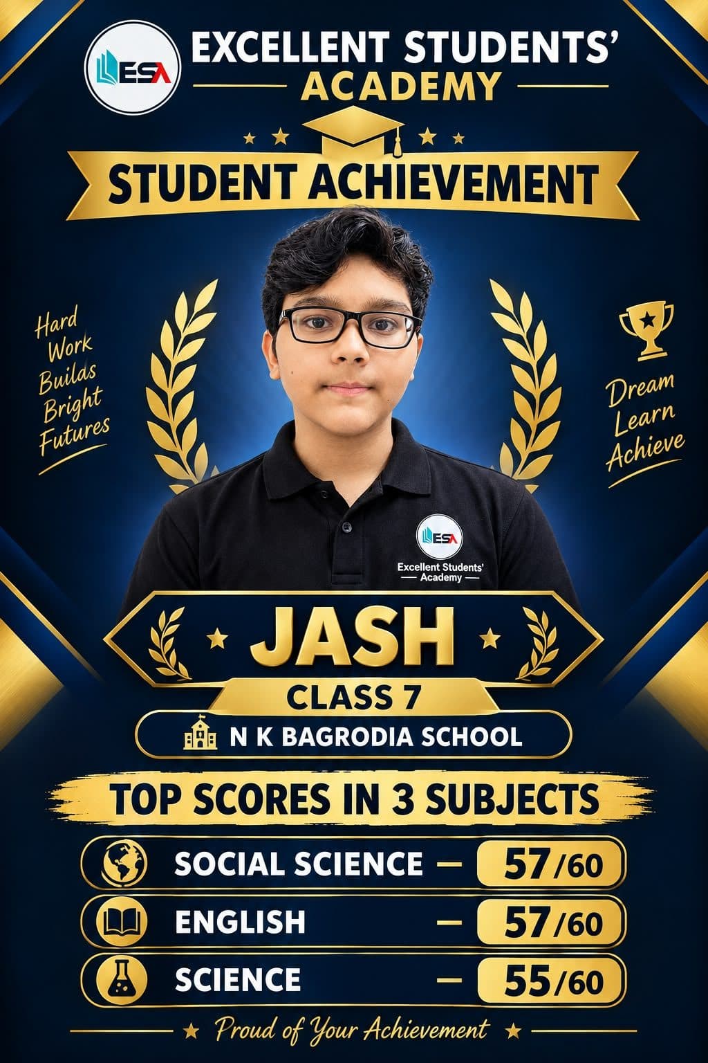 Jash, Class 7 student at Excellent Students' Academy, school exam result