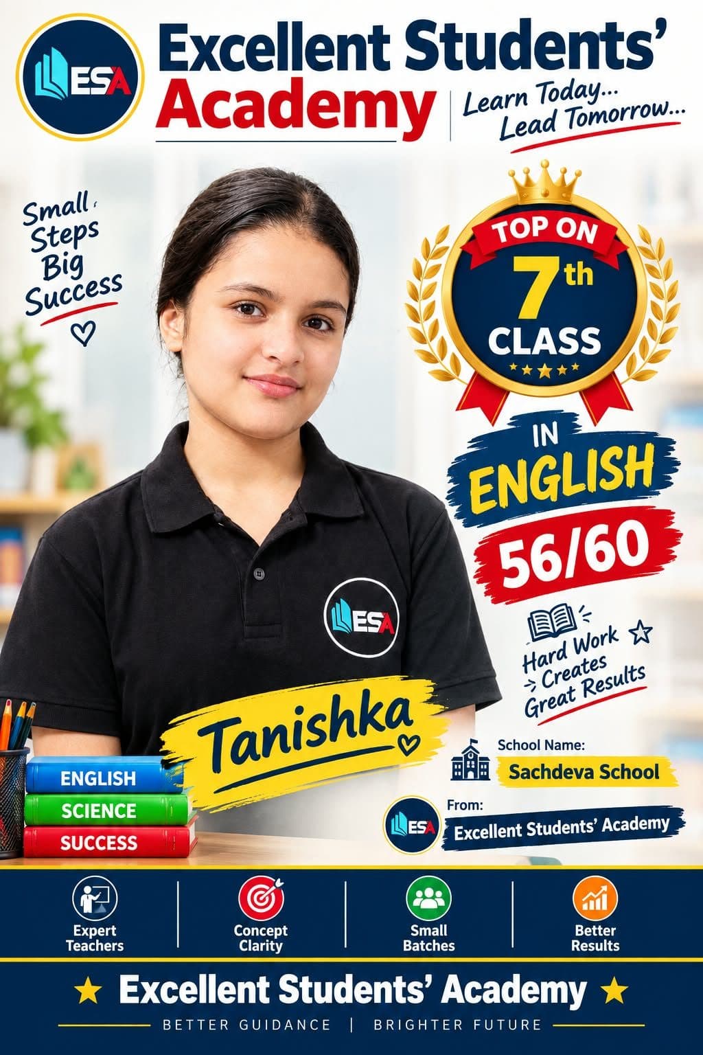Tanishka, Class 7 student at Excellent Students' Academy, school exam result