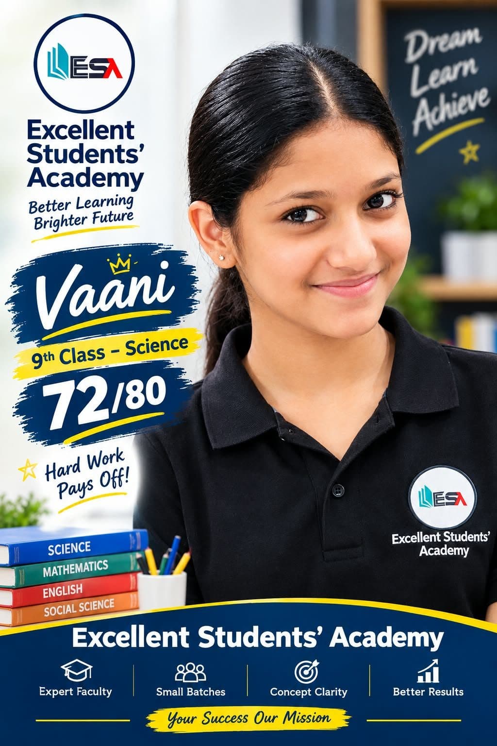 Vaani, Class 9 student at Excellent Students' Academy, school exam result
